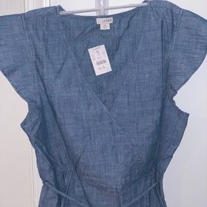 Flutter sleeve faux wrap top in chambray